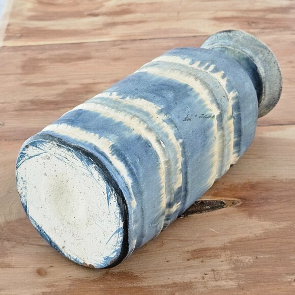 Drip glaze, blue, tan & grey layered Handcrafted studio art pottery vase - Picture 3 of 11